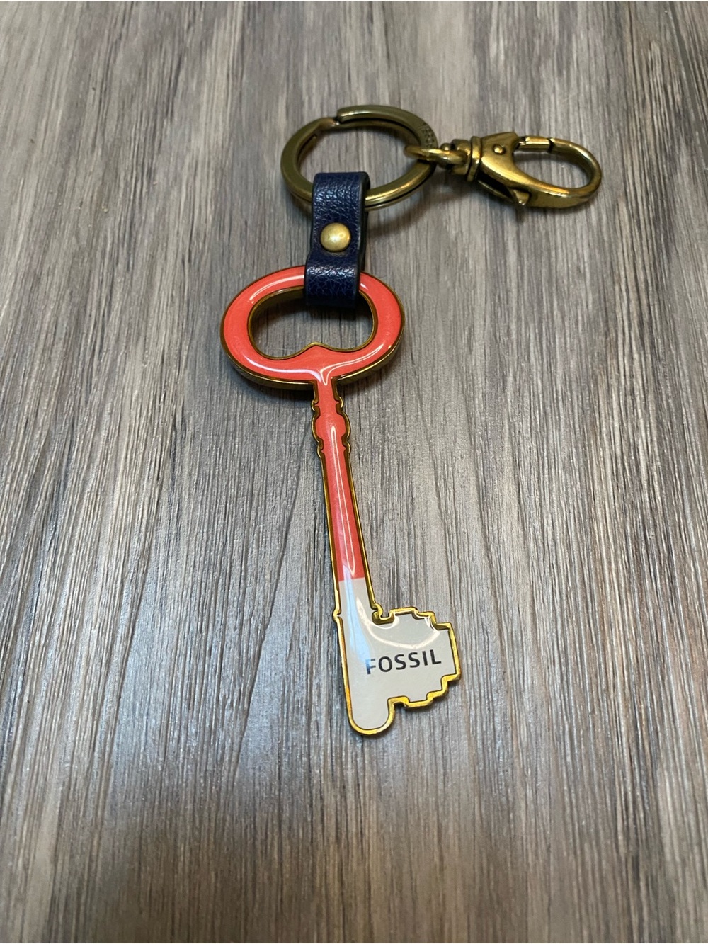 Vintage Fossil Large Enamel Skeleton Key Keychain Purse Charm Fob